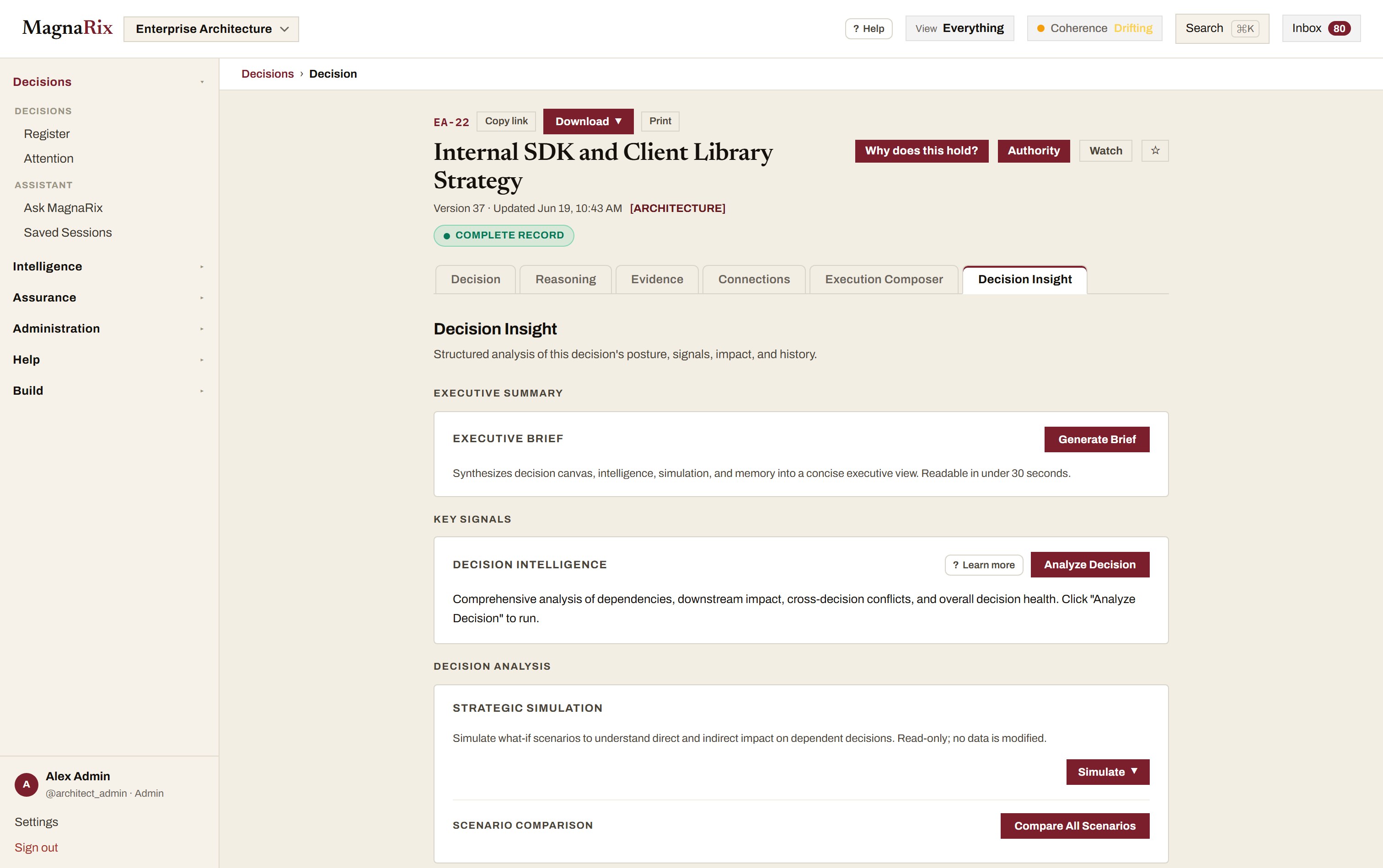 The MagnaRix Decision Canvas with structured decision fields, governance metadata, and approval status.